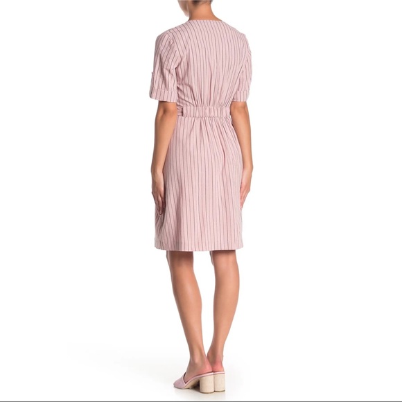 HYFVE Pink Striped Print Short Sleeve Waist Tie Dress. - Picture 2 of 10